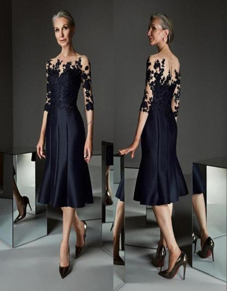 

gorgeous prussian blue knee length mother of the bride dresses lace applique with three quarter sleeves boat neck evening dress6275864, Black;red