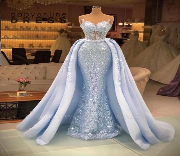 

stunning light sky blue mermaid prom dresses with detachable skirt backless sweetheart illusion appliques beads sequins long 2973120, Black