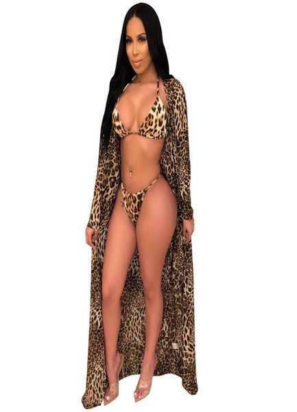 

2019 summer casual beach wear 3 pcs women set color leopard xlong gown 2 pcs bikini swim suits23576801624
