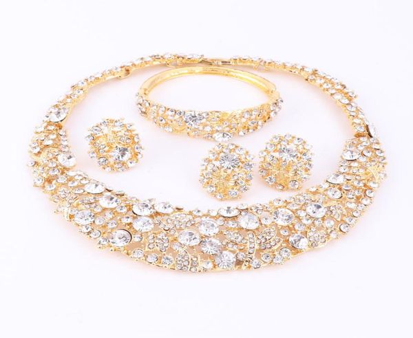 

women gold plated boho crystal jewelry set with necklace earrings bracelet ring direct selling statement for party wedding jewellr1066939, Black