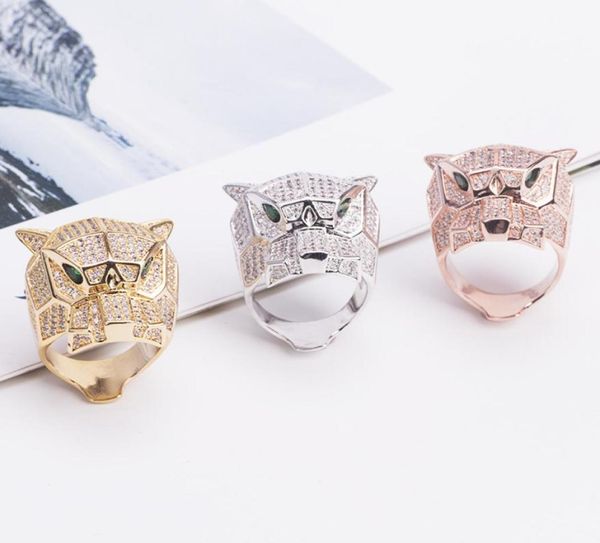 

fashion lady brass full diamond green eyes zircon leopard head 18k gold wedding engagement rings 3 color size694085228, Golden;silver
