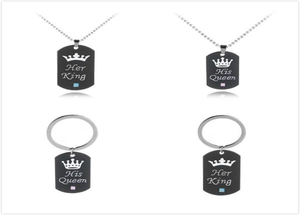 

stainless steel her king his queen necklacekey chain dog tag crown couple necklacekeyring pendants chains lovers jewelry gift4851552, Silver