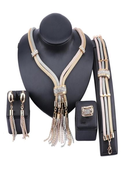 

fashion african dubai gold tassel jewelry crystal necklace bracelet ring earrings women bridal accessories jewelry set5803480, Slivery;golden
