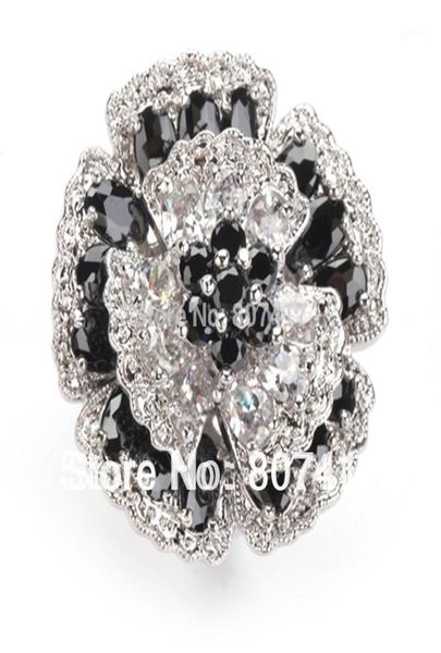 

shunxunze big engagement wedding flower rings jewelry for women black and white cubic zirconia rhodium plated r917 size 61316335124, Slivery;golden