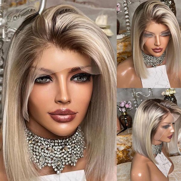 

Peruvian Hair Ash Blonde Bob Lace Front Wigs For Women 180density Full Short Bob Lace Frontal Wig Ombre Synthetic Closure Wig, #w