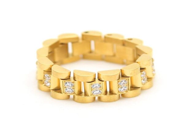 

hip hop men stainless steel chain ring zircon rhinestone three bead watch strap golden rings fashion punk jewelry1644988, Golden;silver