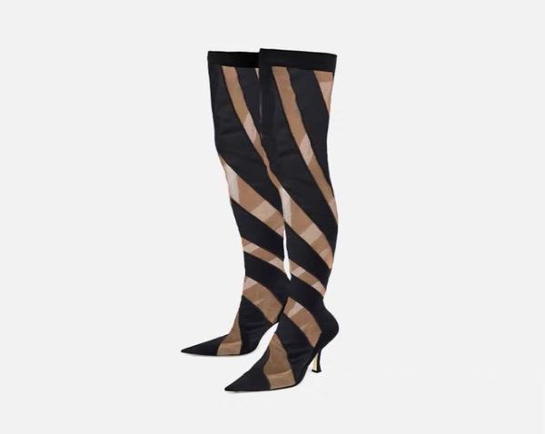 

2022 real leather stiletto high heels shoes knee boot thighhigh booties pillage pointed toes hollowed out satin catwalk wedding m3132072, Black
