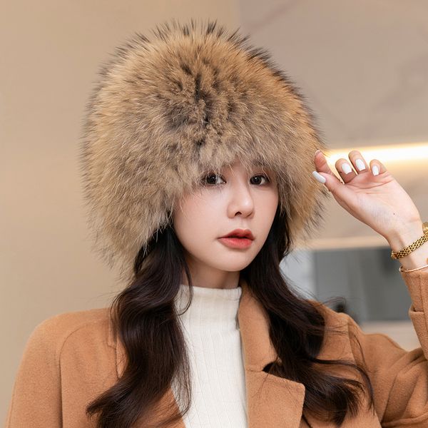 

women's real fox fur hat knitted warm snow elastic beanie bowler hat woven round cap, Blue;gray