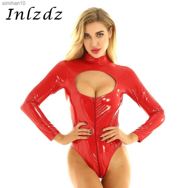 

women lingerie bodysuit one-piece wet look patent leather costume mock neck breast hollow out high cut leotard bodysuit l230518, Red;black