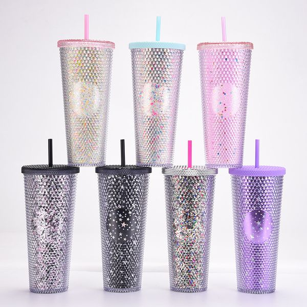 

Express Double Layer Transparent Scallion Plastic with Straw Large Capacity Creative 710ml Ombre Glitter Acrylic Tumblers Hand Cups A0119, Multi-color
