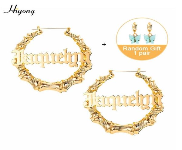 

hiyong custom name earrings bamboo hoop earrings gold plated customize earrings for women girls hiphop fashion jewelry gifts 21036601118, Golden;silver
