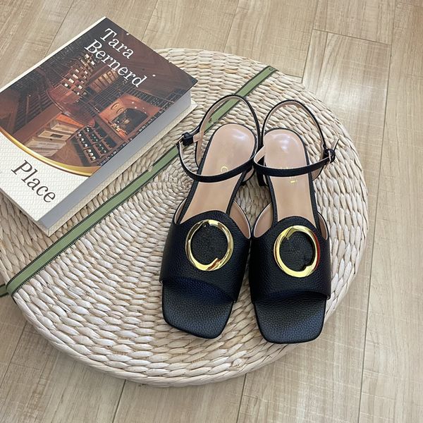 

2023 women's slippers summer new candy color flat bottom sandals square toe shallow mouth metal double button outer wear beach women&#0, Black