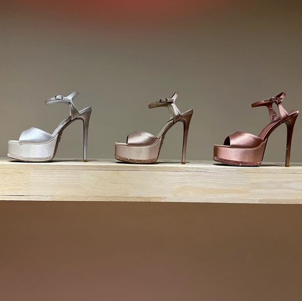 

rene caovilla platform heel sandals 15cm ultra high heels women satin ankle strap buckle rhinestone decoration designer shoes fashion square, Black