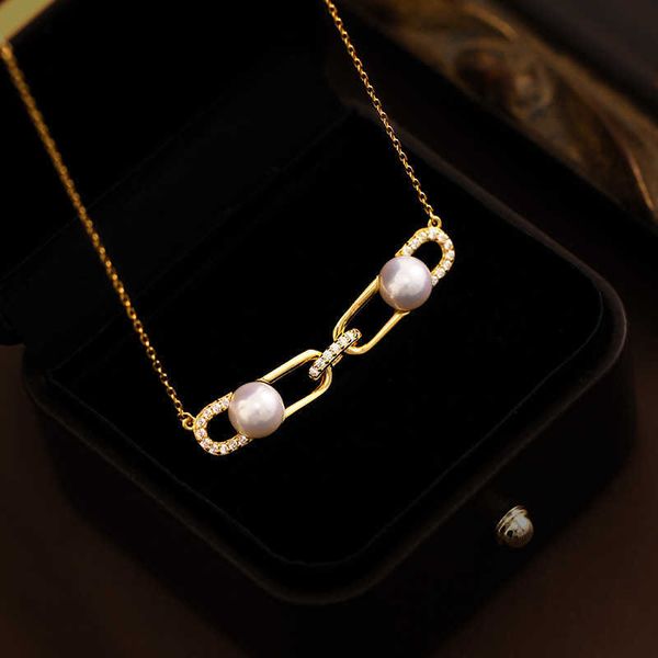 

internet celebrity tiffayffay's same style paper clip pearl zircon necklace s925 silver light luxury elegance atmosphere collarbone cha, Black