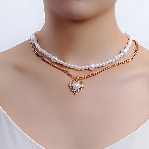 

designer jewelry fashion double-layer imitation pearl love pendant necklace woman, spice girl with a string of beads necklace accessories cl, Silver