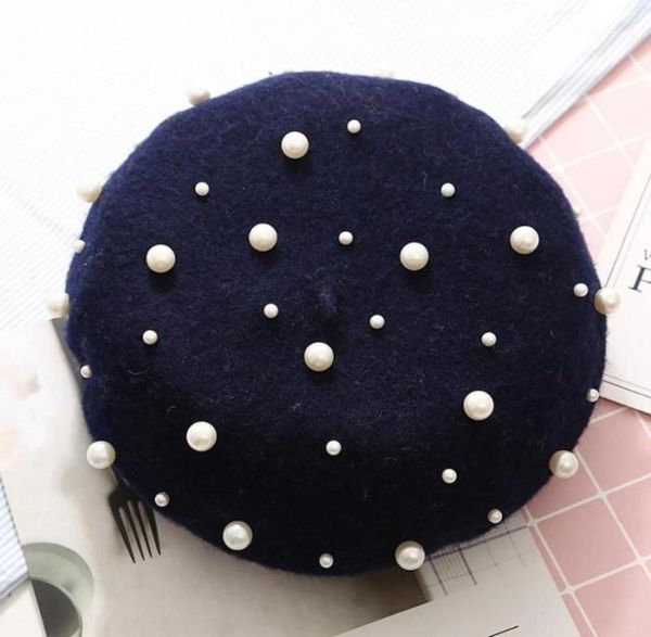 

2020fashion women autumn winter solid color faux pearl beret hat warm painter cap15583618, Blue;gray