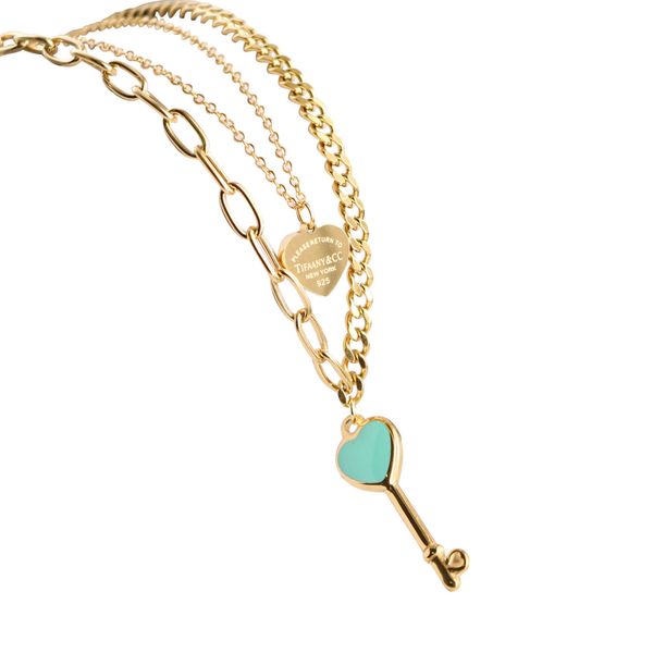 

classic titanium steel 18k gold tiffay classic blue dropping oil key love double layer necklace women's fashion collar chain high-quali, Silver