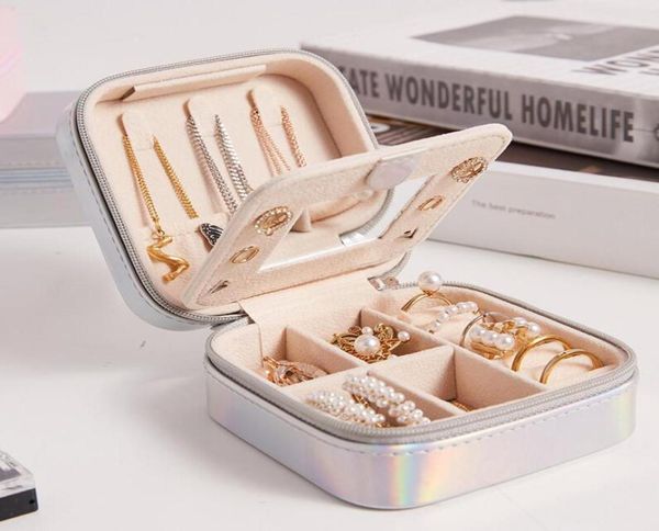 

portable jewelry box with mirror pu leather storage boxes travel jewelry display case necklace earring holder organizer8083484, Black;white