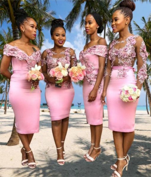 

sheath knee length pink off shoulder bridesmaid dress 3d floral lace applique african junior maid of honor wedding guest party si5519179, White;pink