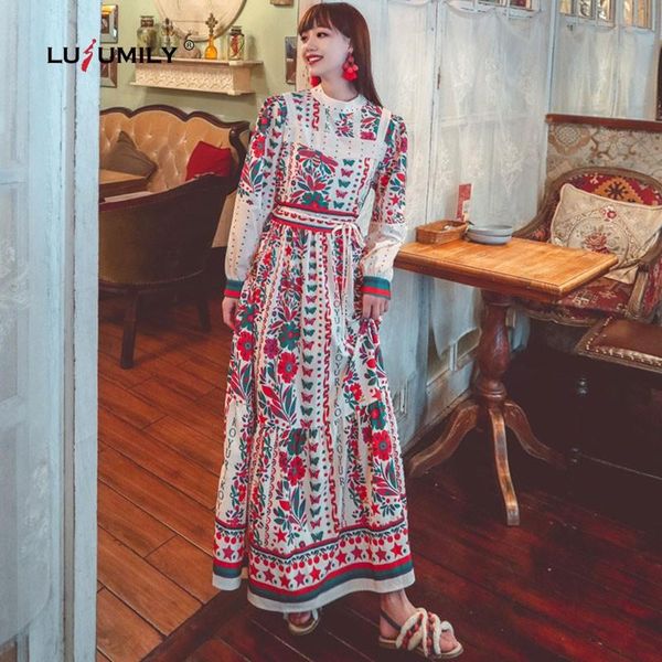 

dresses lusumily 2022 new arriavls autumn vintage print dress women casual oneck single breasted sashes a line high waist slim dresses, Black;gray