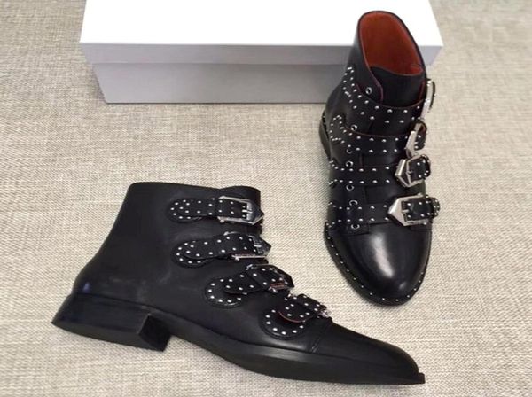 

women shoes buckled ankle boots in calfskin leather with studs four studded straps metal buckles silver studs paris boots6222067, Black