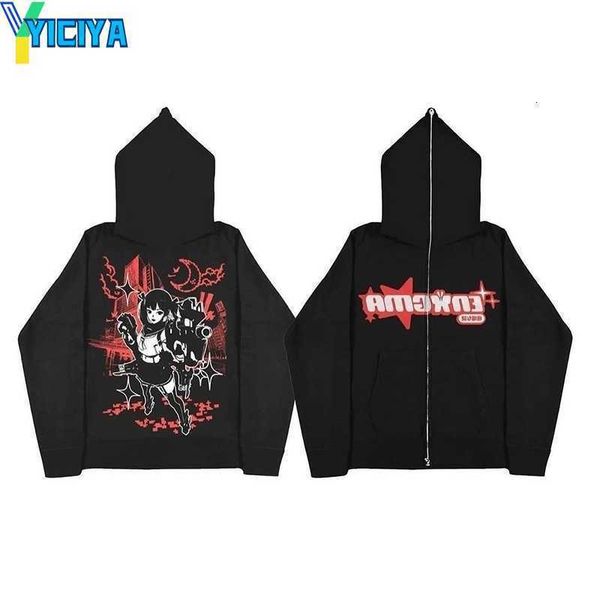 

yiciya mens hoodies sweatshirts emo y2k clothes zip up oversize coat hip hop streetwear women sweatshirt anime graphics goth harajuku grunge, Black