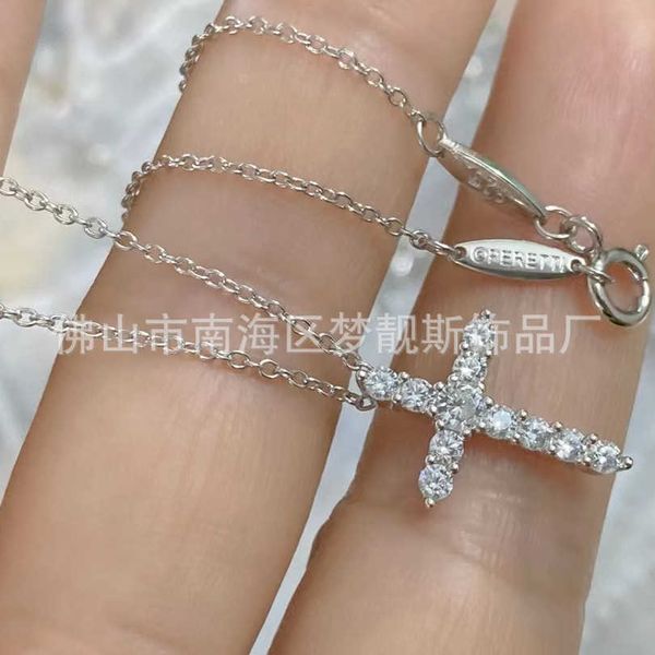 

internet celebrity tiffayffay cross necklace female sterling silver 925 light luxury small and popular versatiffayle simple full diamond new, Black
