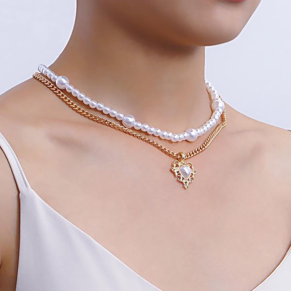 

designer necklace fashion double-layer imitation pearl love pendant necklace woman, spice girl with a string of beads necklace pendant neckl, Silver