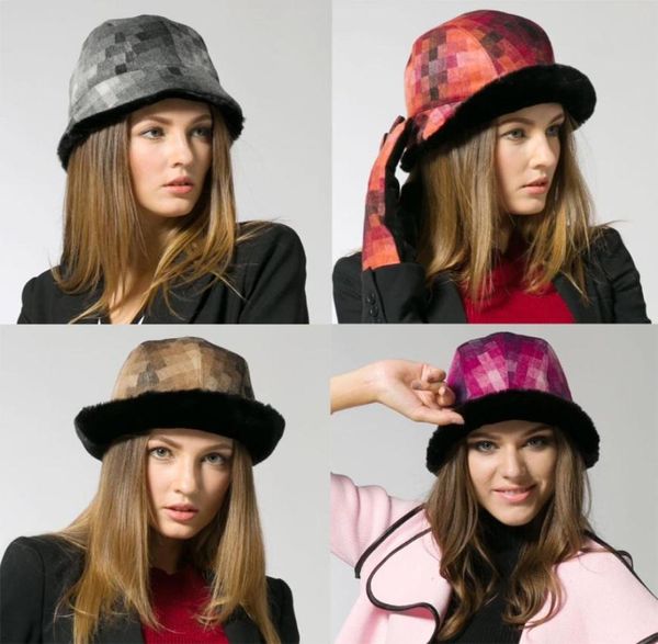 

stand focus women mosaic cloche bucket bell shape hat cap ladies fashion tweed faux fur fall winter thick warm stylish3169101, Blue;gray