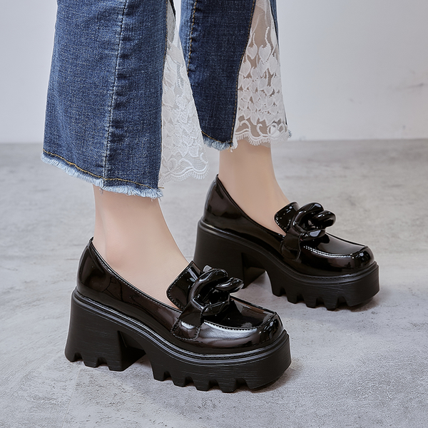 

british style thick bottom mary jane shoes 2022 spring and autumn new round toe womens leather shoes high heels fashion shoes, Black;white