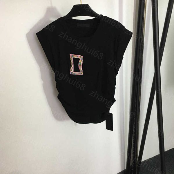 

23ss womens designer clothing tee womens t-shirt round neck pure cotton pearl colored diamond-encrusted letter draw pleated slim-fit vest wo, White