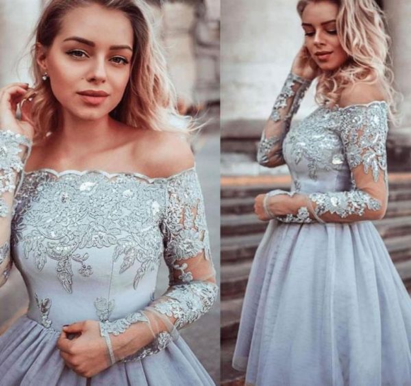 

2019 new short prom dresses long sleeves off the shoulder beads sequins lace appliques illusion sleeve tulle skirt formal party go2632827, Black