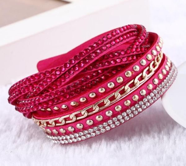 

women new fashion pu leather wrap wristband cuff punk rhinestone bracelet crystal bangle charm bracelets 10colors9507782, Golden;silver