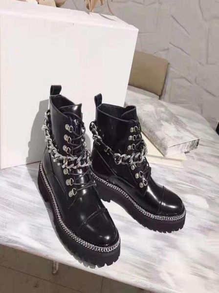 

woman paris fashion show catwalk combat army chain boots bal new main black round toe laceup chain strap ankle boots sho4285650