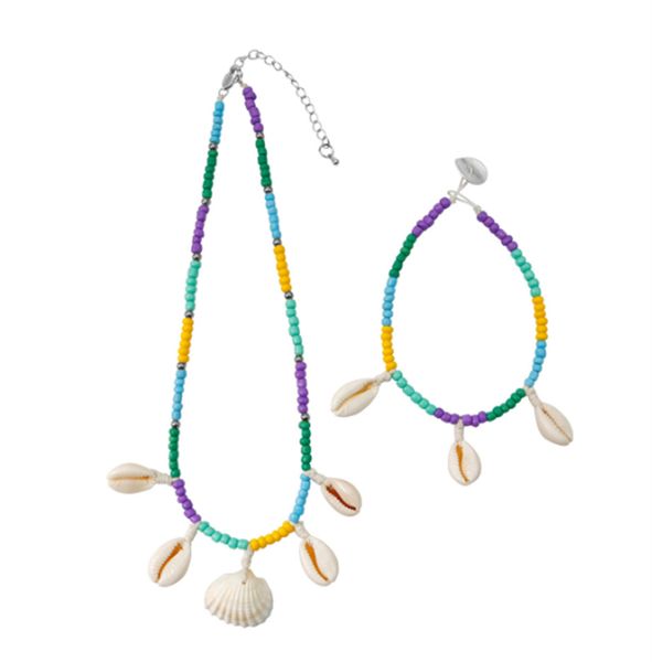 

pastoral style fake retro ocean style woven conch shell anklet necklace set handcrafted rice bead necklace set, Silver