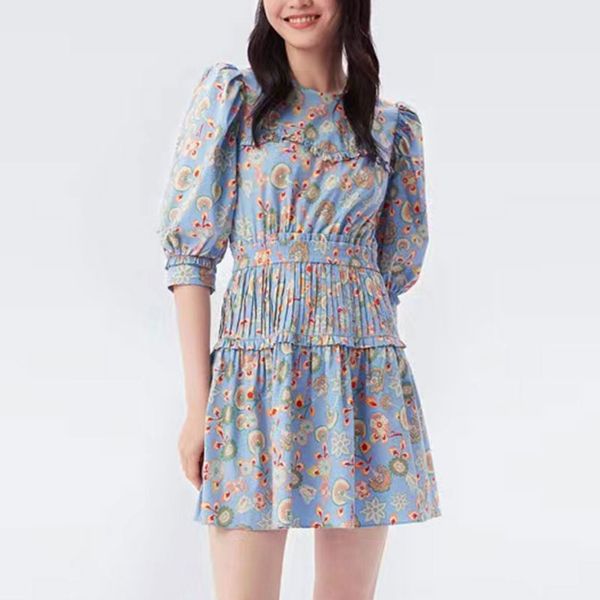 

2023 designer dress new dandelion flower print slim fit romantic print style robe, Black;gray