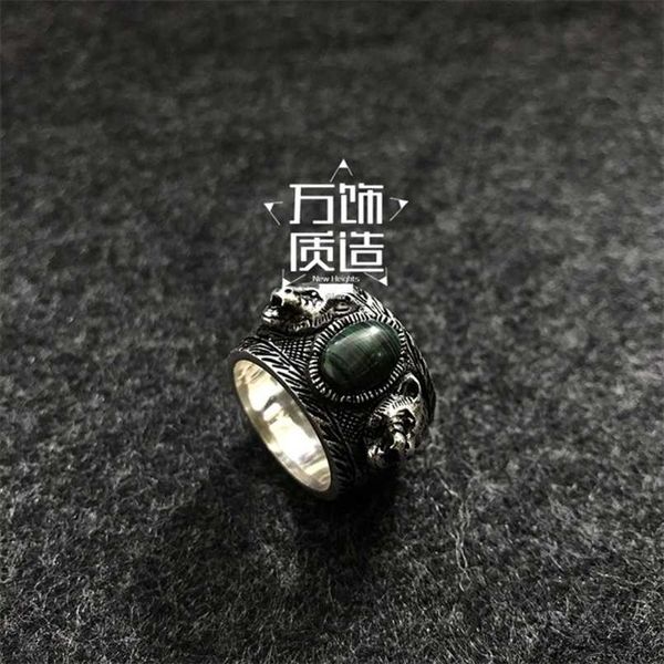 

70% off designer jewelry bracelet necklace sterling old rattan green malachite head ring for men women, Silver
