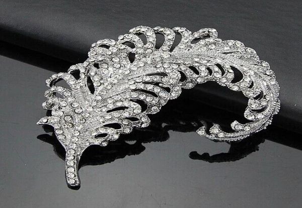 

32 inch rhodium silver plated rhinestone diamante large leaf or feather brooch7875933, Gray