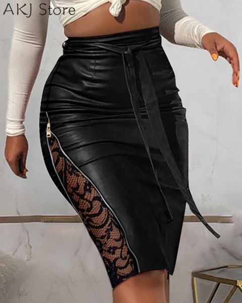 

dresses women lace patchwork zipper detail belted pu leather skirt, White;black