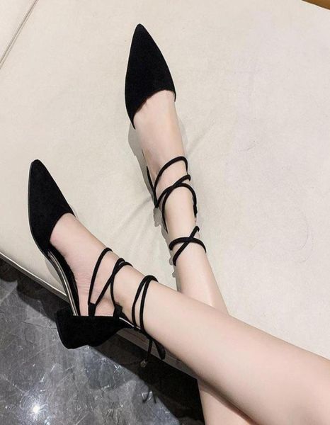 

summer fashion soft flock square heel women shoes cross strap pointed pumps woman elegant party shoes mujer bombas 2021 m8361325465, Black