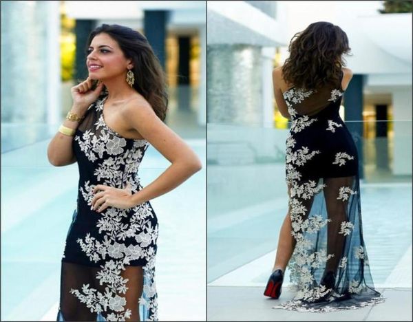 

2016 thighhigh slits evening dresses sheath one shoulder sweep train applique over tuller sleevelesses prom gowns5563075, Black