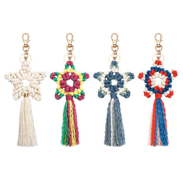 

handmade tassel cotton rope hand woven key ring, red blue white pentagram bag pendant commemorating the independence day of the united state, Silver