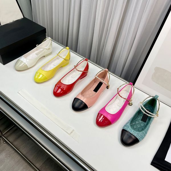 

designer women sandals pearl ballet shoes luxury leather round toe shallow chain mary jane sandals fashion retro outwear size 35-41, Black