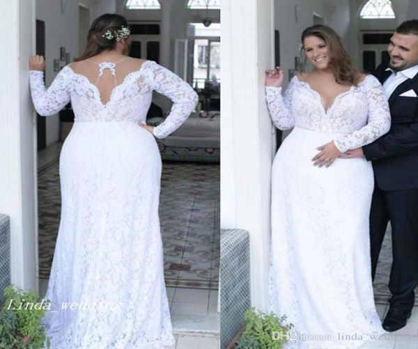 

2019 vintage plunging v neck wedding dress backless long sleeves bridal gown plus size custom made6507556, White
