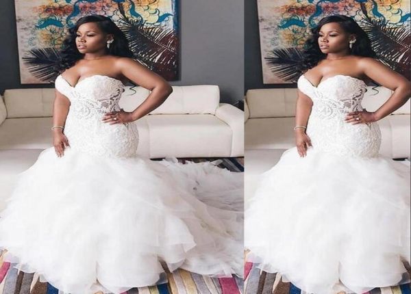

2021 vintage african mermaid wedding dresses sweetheart illusion lace appliques crystal beaded ruffles tiered organza formal 8665517, White