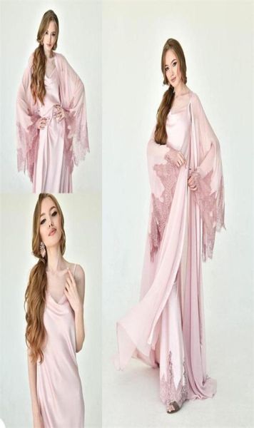 

two pieces bridal sleepwear soft chiffon appliqued lace long sleeves custom made sweep train evening robes nightgown85212814579363, Black;red