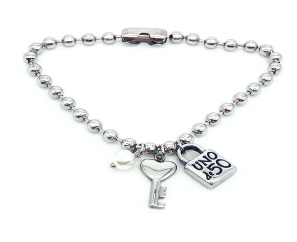 

fashion women men silver color stainless steel 4mm bead lock key uno de50 ball bead bracelet necklace jewelry a gift 2104218370059, Golden;silver
