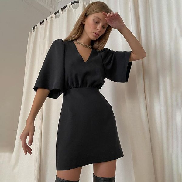 

dresses dabourfeel women elegant dress black deep vneck wide sleeve fashion office leisure 2022 summer new mini, Black;gray