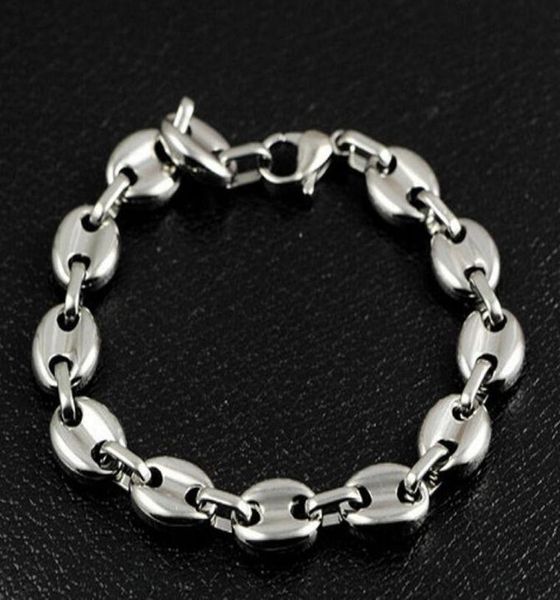 

866 10mm wide shiny coffee beans link chain bracelet stainless steel silver for men7698859, Black