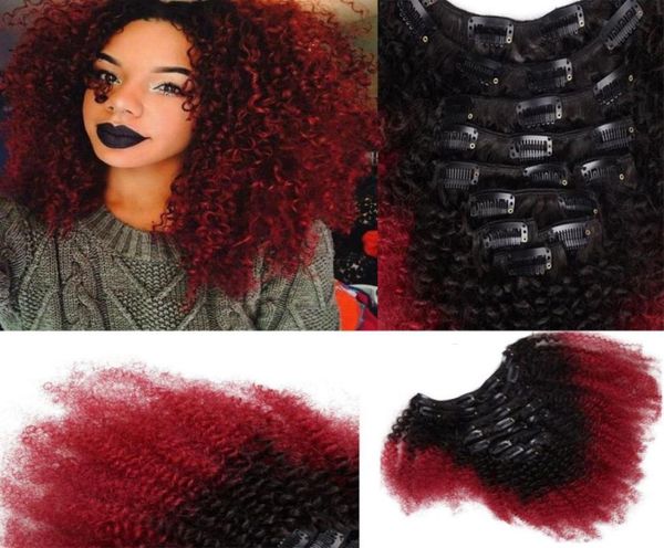 

t1b red ombre clip in human hair extensions afro kinky curly for black women two tone brazilian virgin hair clip ins 100g 7pcs81593033891, Black;brown